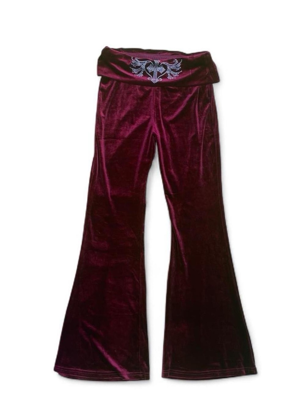 Burgundy Velvet Rhinestone Angel Wing Flare Pants Y2K Size S